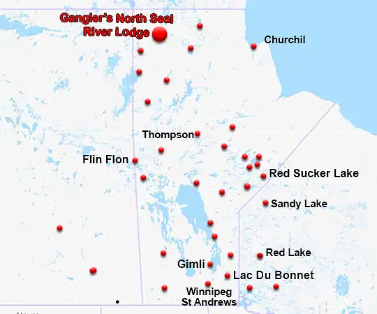 Map showing the location of Gangler's North Seal River Lodge in Manitoba